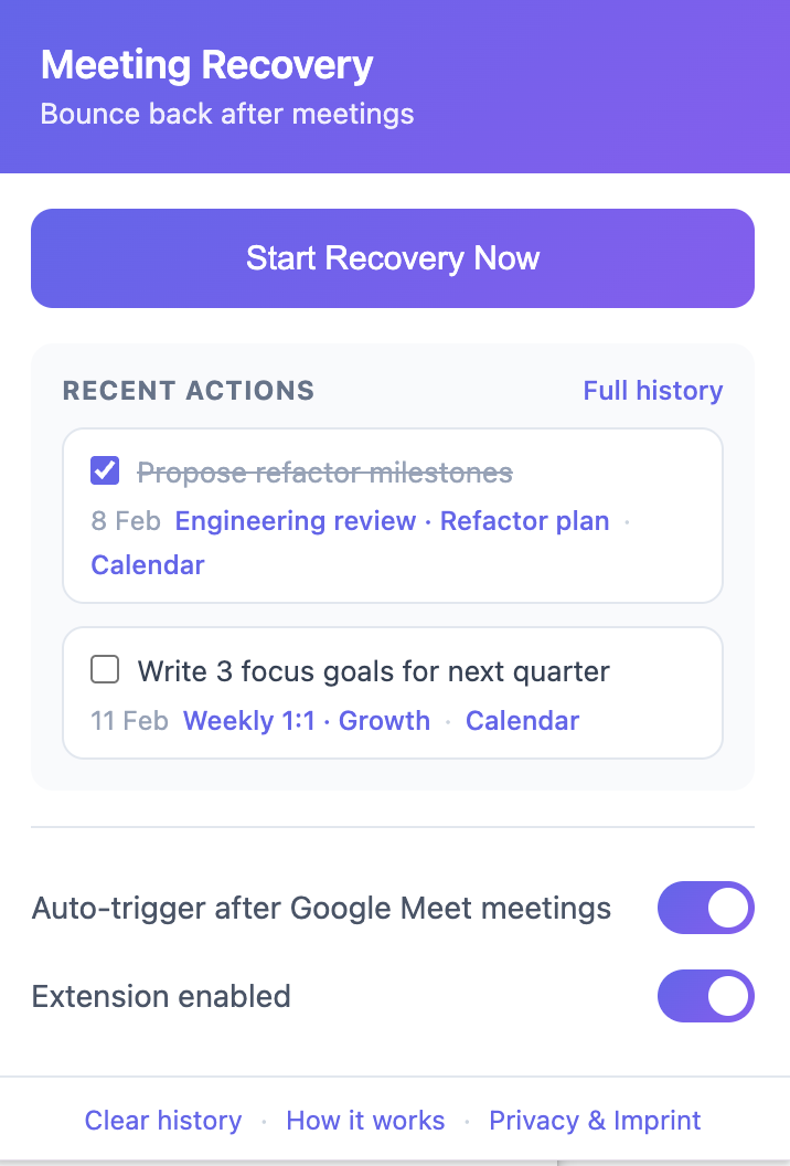 Meeting Recovery extension popup showing recent actions and settings