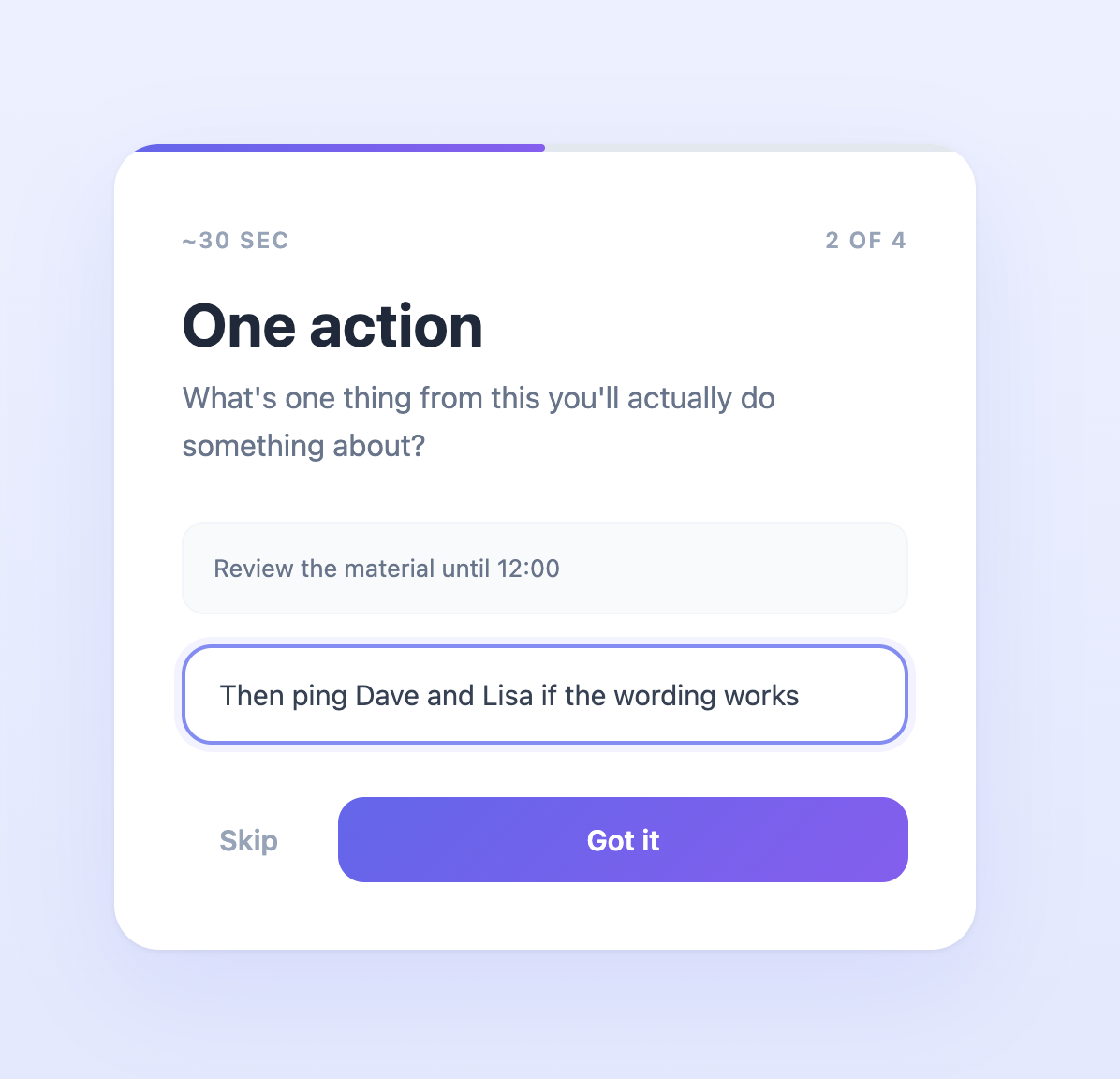 Action items step - commit to one action